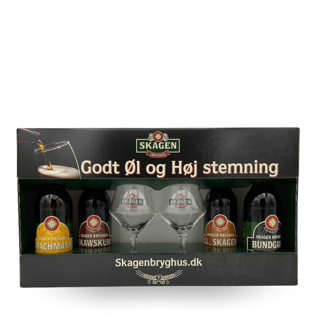 Godt Øl og Høj Stemning - Smagekasse m. 4 øl og 2 glas | Skagen Bryghus - Gourmet-Butikken