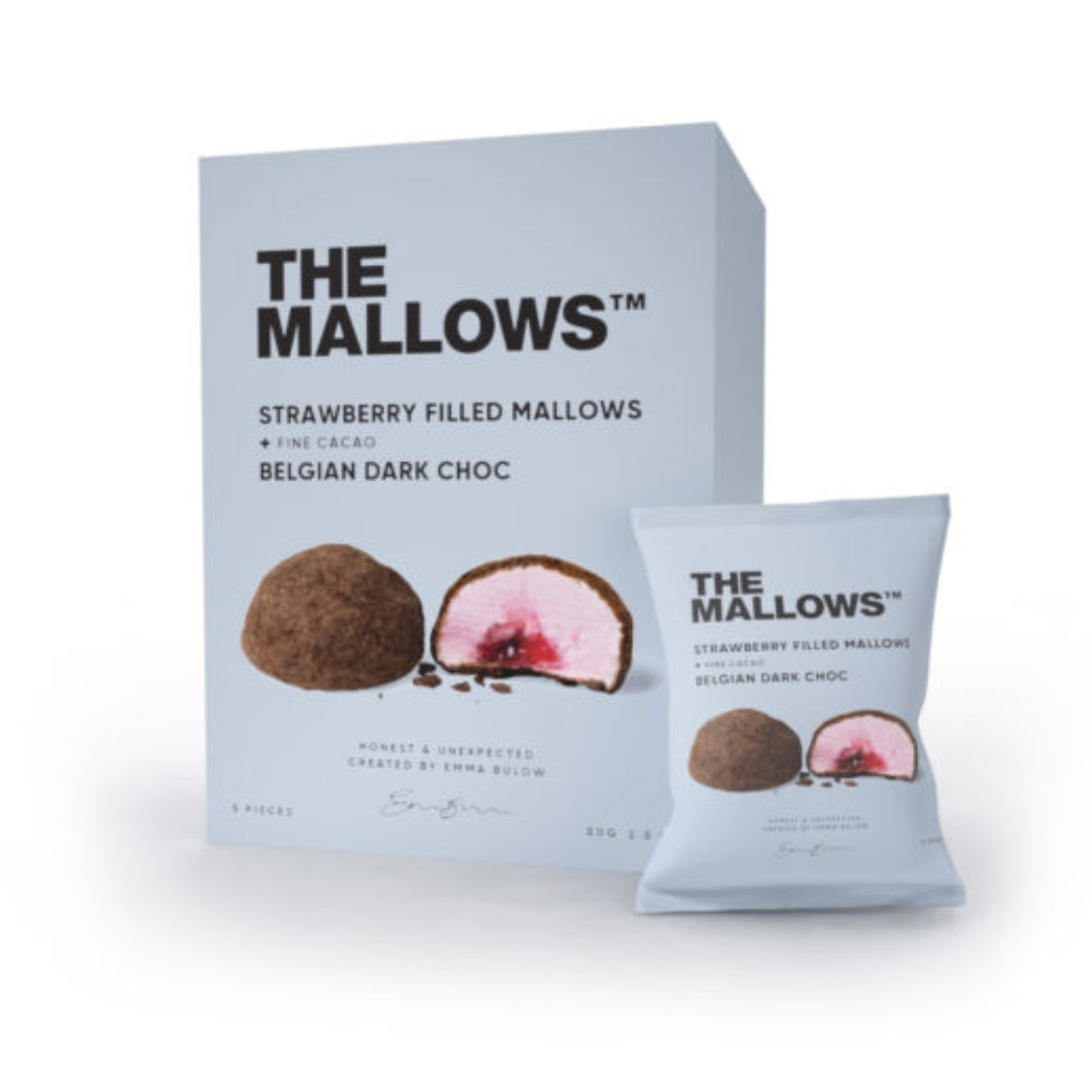 The Mallows - Jordbærfyldte skumfiduser m. Hindbær & Belgisk Mørk Chokolade - 5 stk. boks.